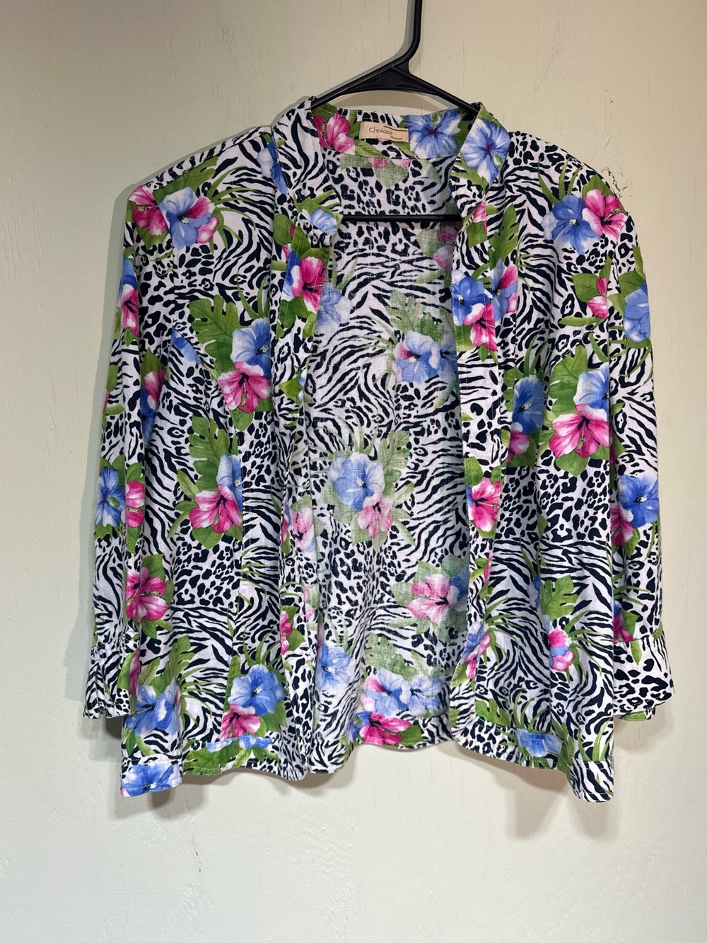Choices linen tropical floral & zebra print open front lightweight blazer Small